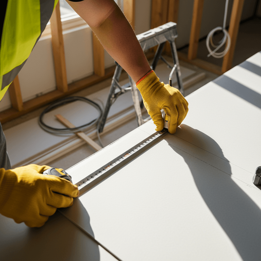 Professional contractor measuring and installing drywall in a residential remodel project